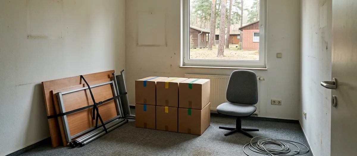 Nummerierte Umzugskisten und ein zerlegter Schreibtisch stehen in einem geräumten Büro mit Fenster zur Gewerbefläche