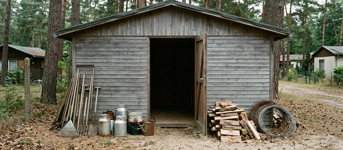 Ein leergeräumter Holzschuppen mit offener Tür, davor sortierte Stapel aus Gartengerät, Kanistern und altem Holz