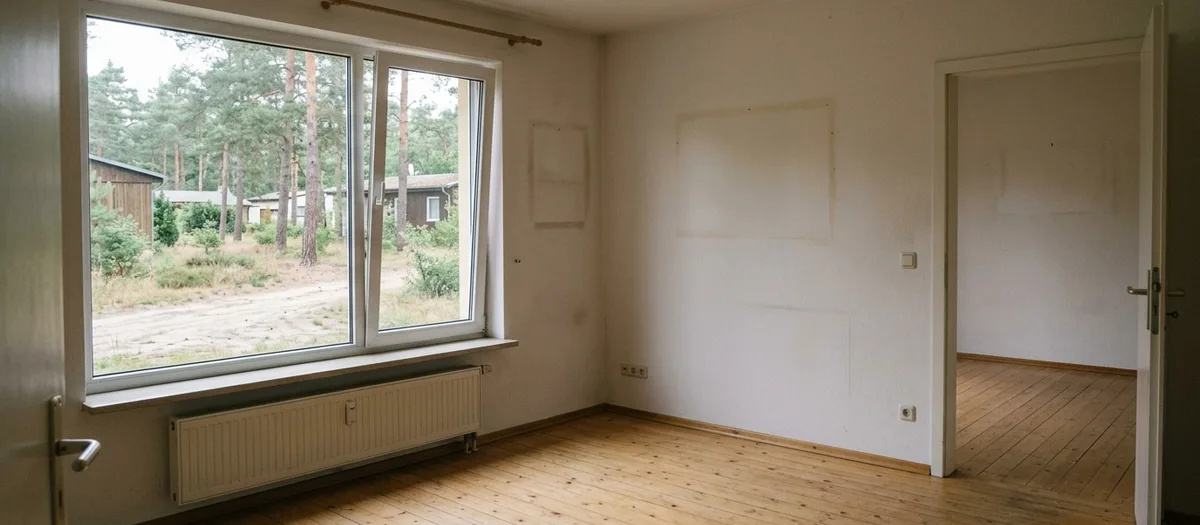 Ein besenrein geräumter Wohnraum mit hellem Dielenboden, leeren Wänden und einer offenen Tür zum Nebenraum