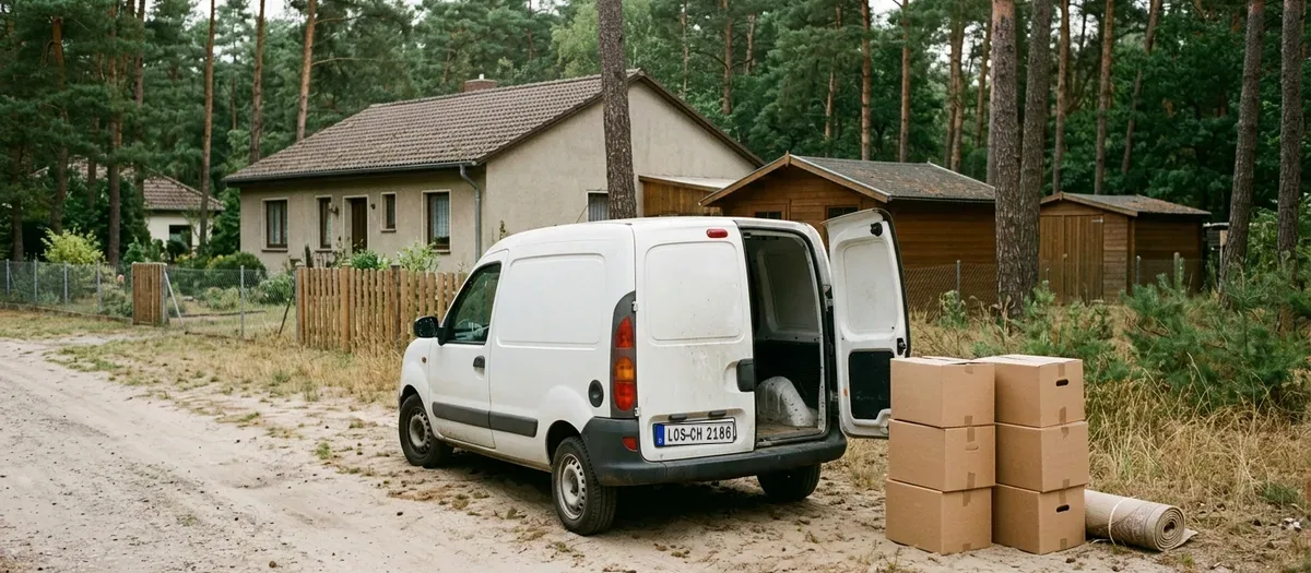 Ein kleiner Transporter mit geöffneter Hecktür steht vor einem Vorgarten, daneben stehen gestapelte beschriftete Kartons