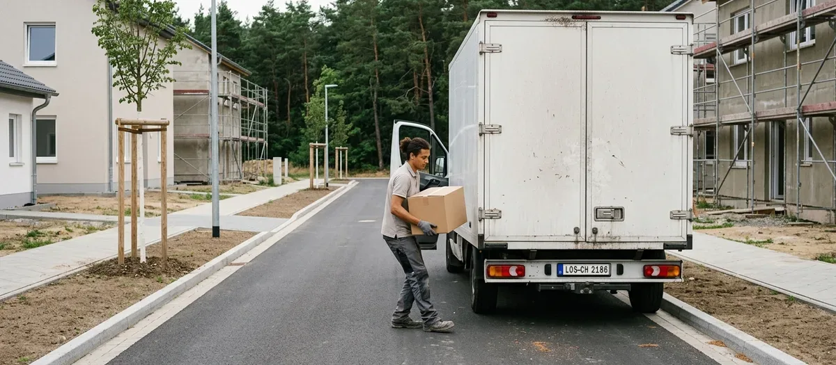 Neue Wohnstraße am Ortsrand mit frisch gesetzten Bordsteinen, davor ein Transporter mit geöffneter Hecktür und Umzugskartons