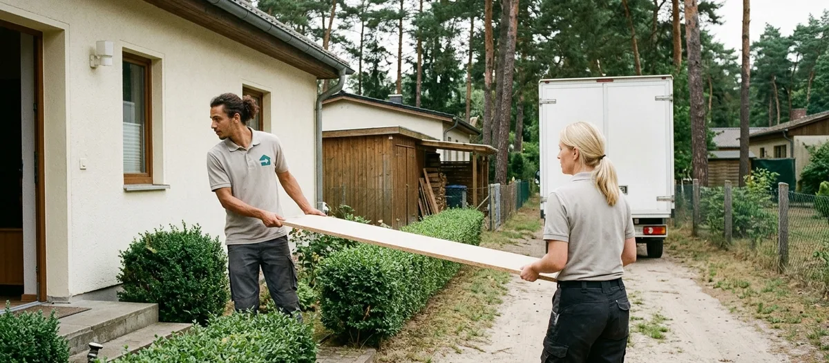 Zwei Umzugskräfte tragen einen zerlegten Schrank aus der Haustür eines einstöckigen Hauses zum wartenden Wagen