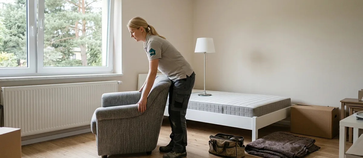 Eine Umzugskraft stellt einen Sessel und eine Stehlampe in einem hellen kleinen Wohnraum neben ein frisch aufgebautes Bett