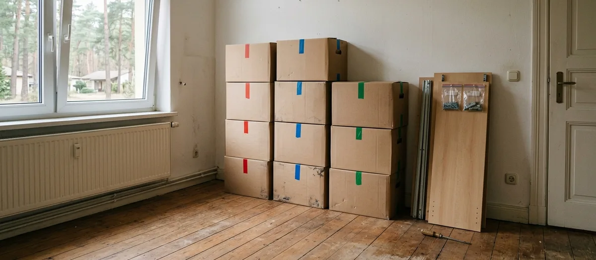 Gestapelte und nummerierte Umzugskartons in einem leeren Zimmer mit Dielenboden, daneben ein zerlegtes Regal mit beschrifteten Beschlagtüten