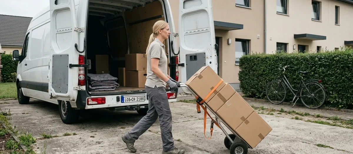 Umzugskraft rollt eine Sackkarre mit gestapelten Kartons über eine Betonauffahrt vor einem Reihenhaus, im Hintergrund ein geöffneter Kofferraum