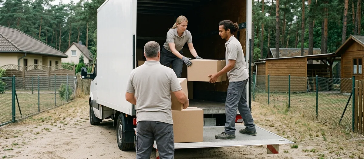 Drei Umzugskräfte in Arbeitskleidung reichen sich beschriftete Kartons über die geöffnete Ladeklappe eines Transporters