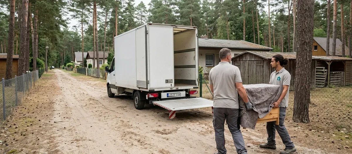 Umzugswagen auf einer sandigen Zufahrt zwischen Kiefern vor einem Bungalow mit Nebengebäude