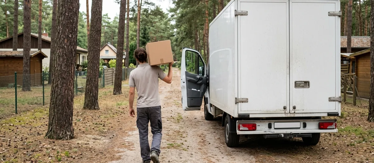 Umzugskraft trägt einen beschrifteten Karton über einen Kiefernweg zu einem geöffneten Möbelwagen am Straßenrand