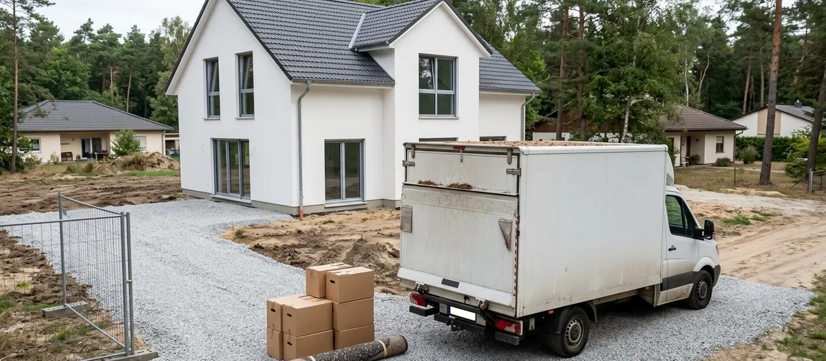 Möbelwagen steht auf einer geschotterten Zufahrt vor einem neu gebauten Einfamilienhaus, davor gestapelte Umzugskartons