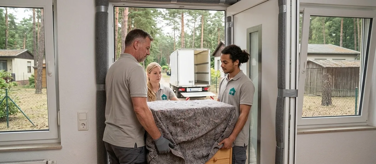 Zwei Umzugskräfte tragen ein abgedecktes Sofa aus einem Hauseingang mit geschützter Türlaibung zu einem wartenden Transporter